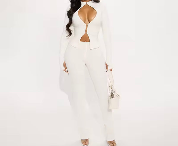 Women Sexy Solid Color Full Sleeve Cut Out Two Piece Pant Set