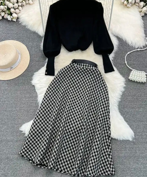 Women Chain Full Sleeve Two Piece Plaid Maxi Skirt Set