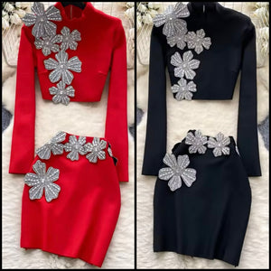 Women Bling Floral Full Sleeve Two Piece Fashion Skirt Set