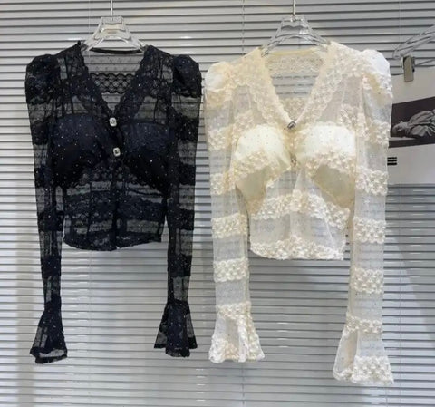 Women Full Sleeve Button Up Lace Mesh Top