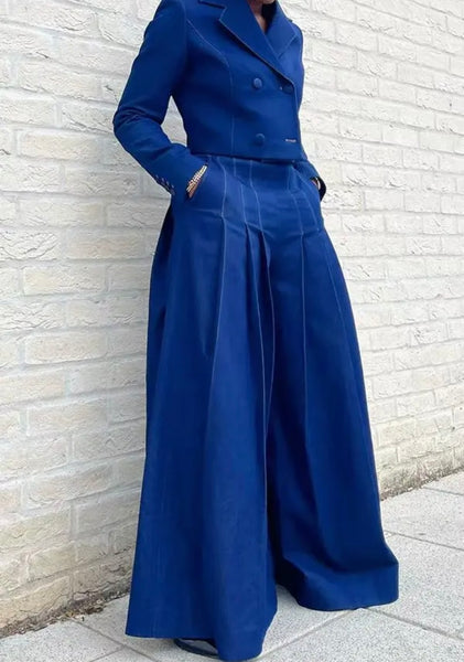 Women Fashion Denim Full Sleeve Blazer Two Piece Wide Leg Pant Set