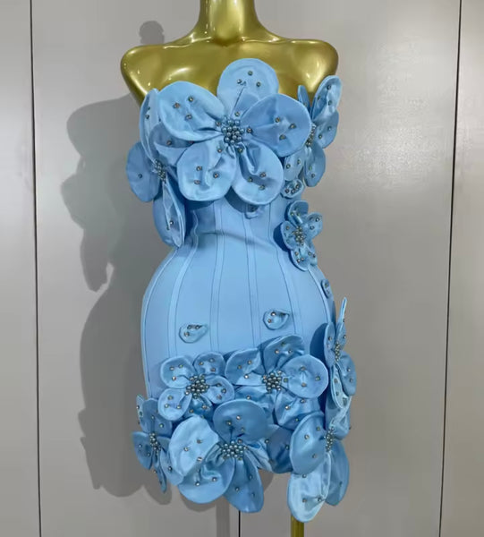 Women Sexy Floral Strapless Rhinestone Dress
