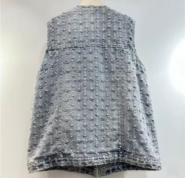 Women Fashion Button Up Sleeveless Vest Denim Two Piece Short Set
