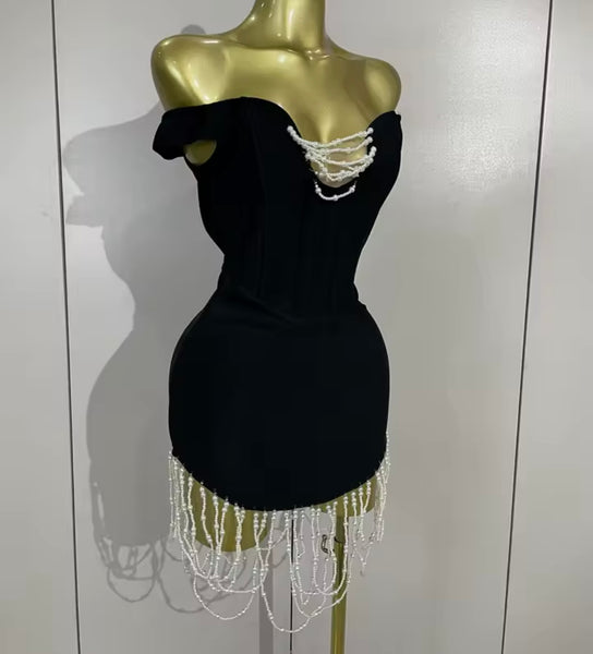Women Sexy Black Off The Shoulder Pearl Tassel Dress