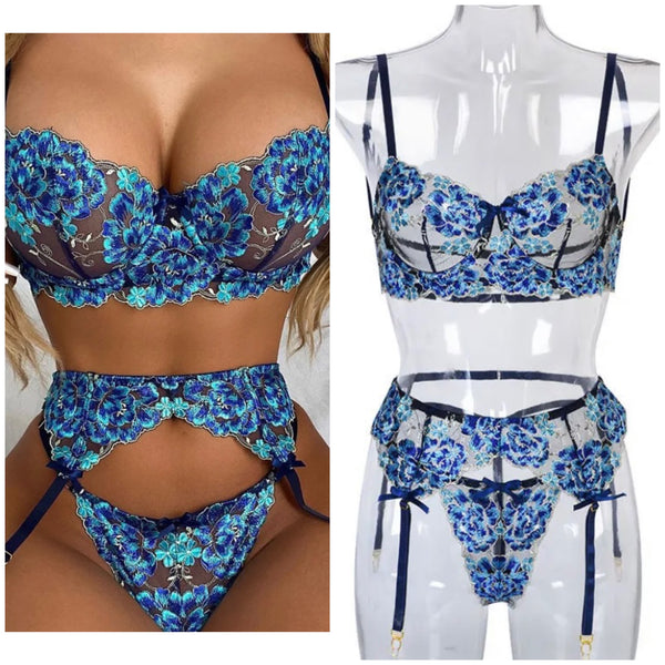 Women Sexy Blue Floral Mesh Lingerie Set