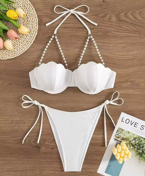 Women Sexy White Pearl Tie Up Bikini Swimsuit