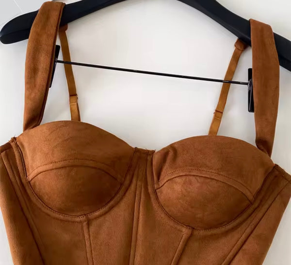 Women Brown Sleeveless Suede Top