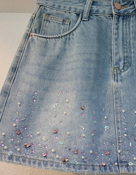 Women Blue Fashion Beaded Bling Denim Skirt