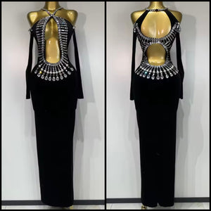 Women Sexy Black Bling Crystal Halter Full Sleeve Maxi Dress
