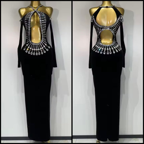 Women Sexy Black Bling Crystal Halter Full Sleeve Maxi Dress