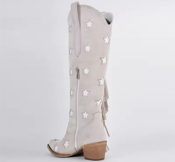 Women Fashion Star Fringe Tassel Knee High Western Boots