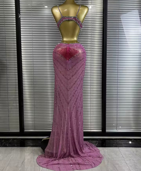 Women Pink Sexy Sleeveless Open Back Rhinestone Maxi Dress