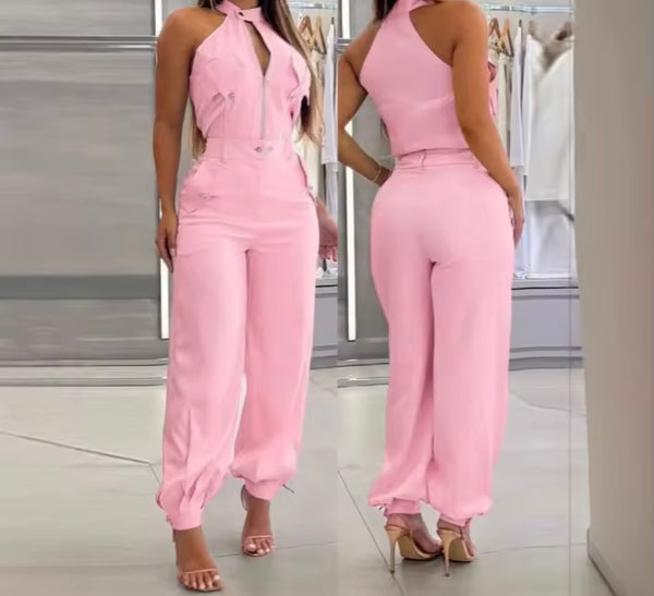 Women Fashion Sleeveless Zip Up Color Two Piece Pant Set