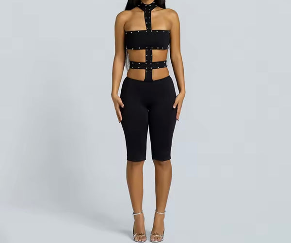 Women Halter Sleeveless Rivet Cut Out Fashion Romper