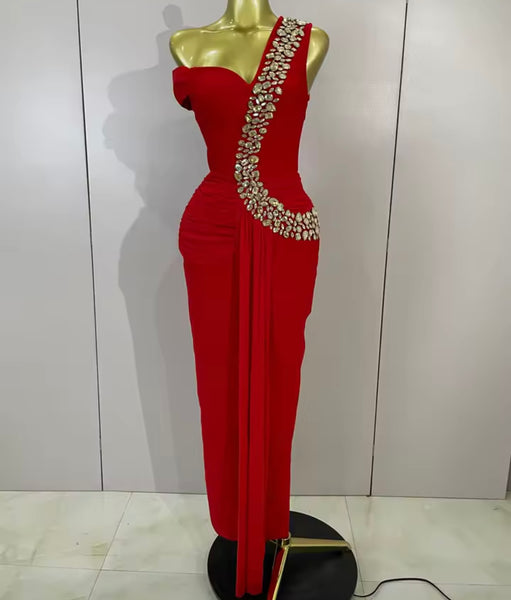 Women Elegant Rhinestone One Shoulder Sleeveless Maxi Dress