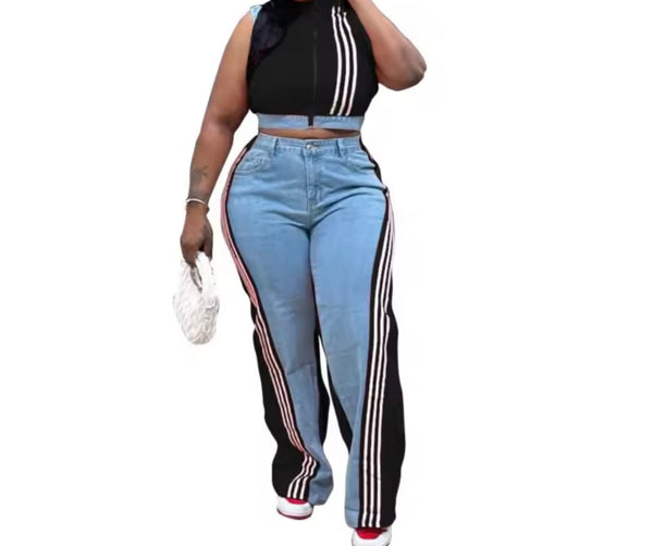 Women Zip Up Sleeveless Striped Color Denim Patchwork Two Piece Pant Set
