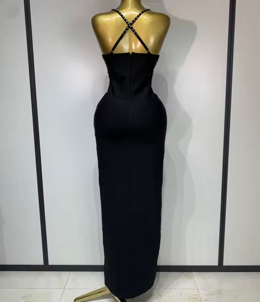 Women Sexy Sleeveless Mesh Rhinestone Patchwork Maxi Dress