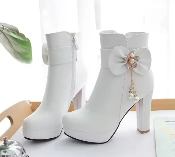 Women Fashion Bling Bow Pearl Tassel High Heel Ankle Boots
