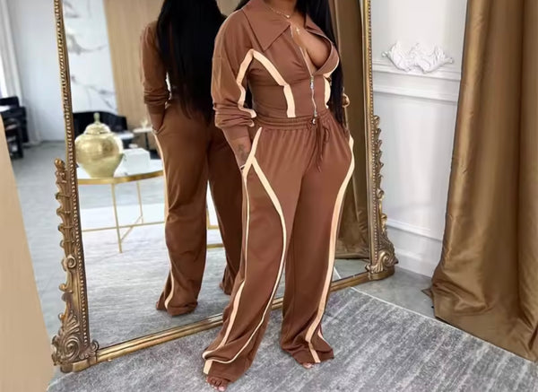 Women Fashion Velour Striped Zip Up Tracksuit Two Piece Pant Set