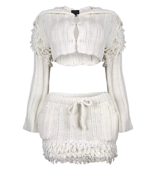 Women Sexy Knitted Fringe Full Sleeve Two Piece Skirt Set