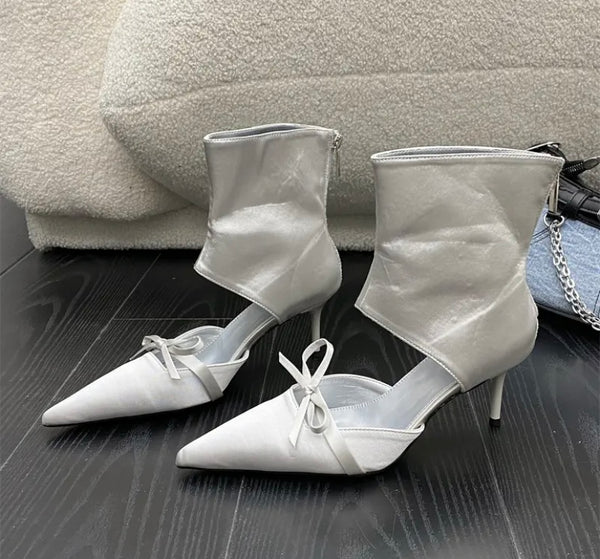 Women Fashion Pointed Toe Bow High Heel Ankle Boots