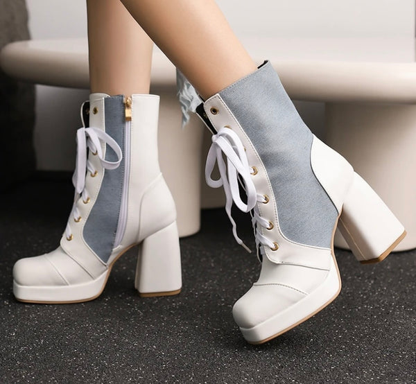 Women Fashion Platform Denim Patchwork Faux Leather Boots