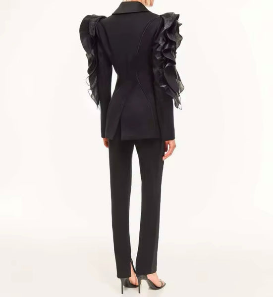 Women Black Ruffled Full Sleeve Fashion Blazer Top