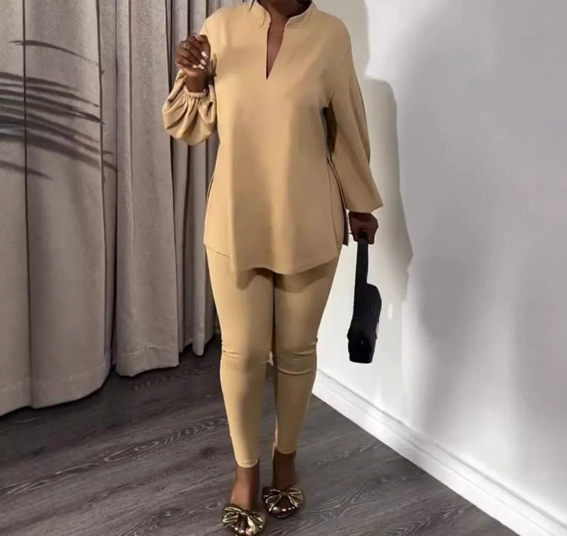 Women Fashion Solid Color Full Sleeve Tunic Top Two Piece Pant Set