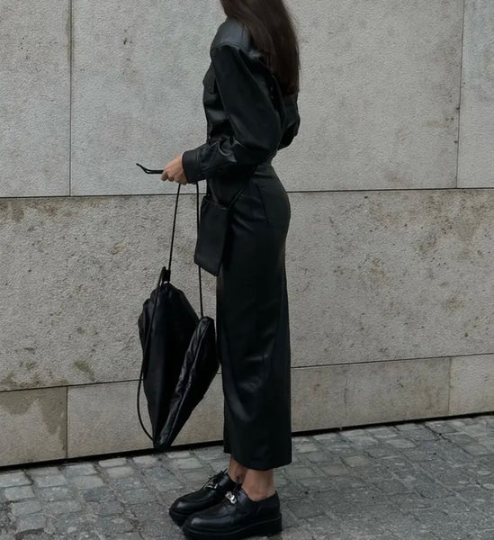 Women Black Fashion Faux Leather Button Up Two Piece Maxi Skirt Set
