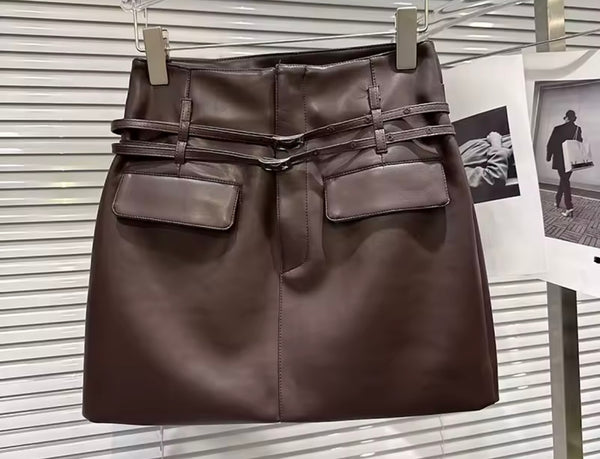 Women Pocket Double Belted Faux Leather Skirt