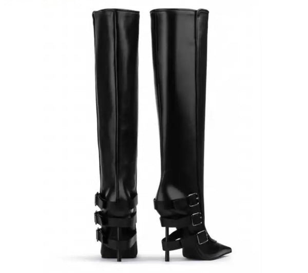 Women Black Buckled Pointed Toe Fashion Knee High Boots
