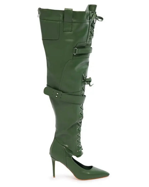 Women Green Fashion Faux Leather Lace Up Buckled Knee High Boots