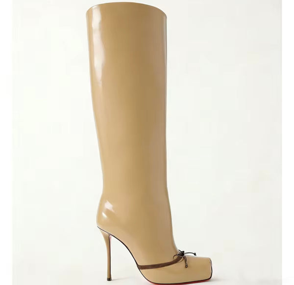 Women Fashion Square Toe Bow Faux Leather Knee High Boots