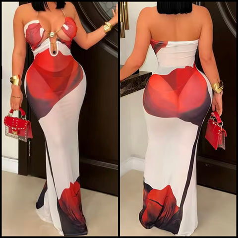 Women Sexy Chain Halter Sleeveless Floral Print Mesh Dress