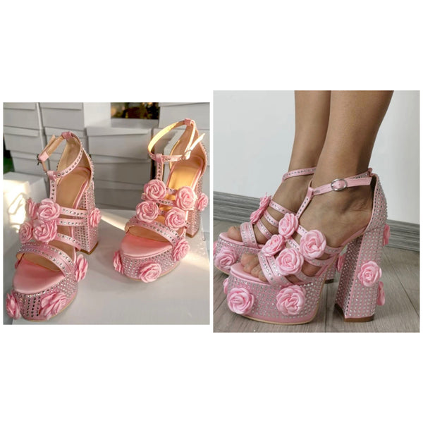 Women Fashion Pink Rose Platform Ankle Strap Sandals