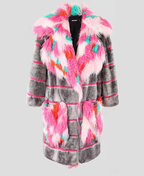 Women Multicolored Striped Fashion Faux Fur Jacket