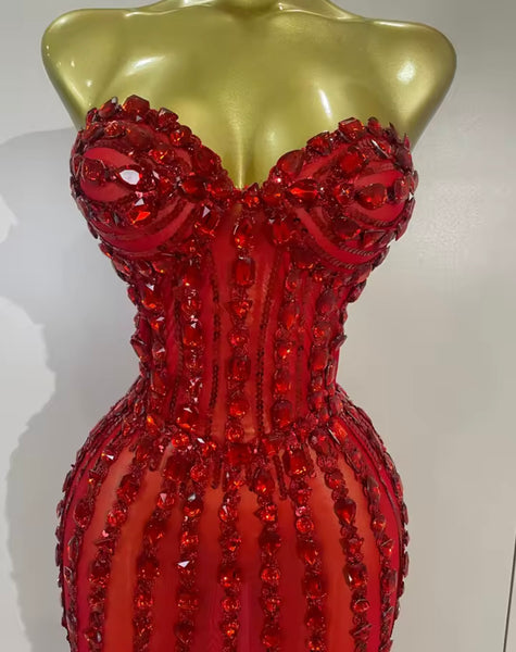Women Sexy Strapless Rhinestone Mesh Maxi Dress