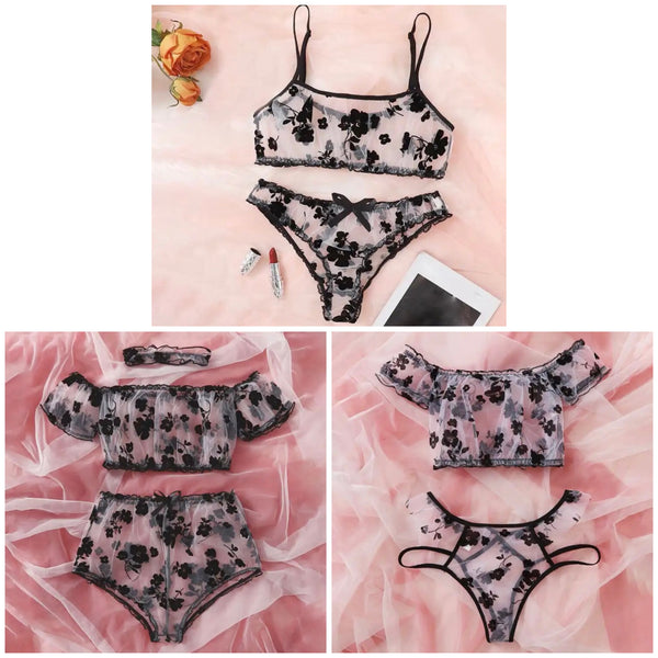 Women Sexy B&W Floral Mesh Lingerie Set