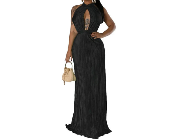 Women Sexy Halter Sleeveless Open Back Solid Color Maxi Dress