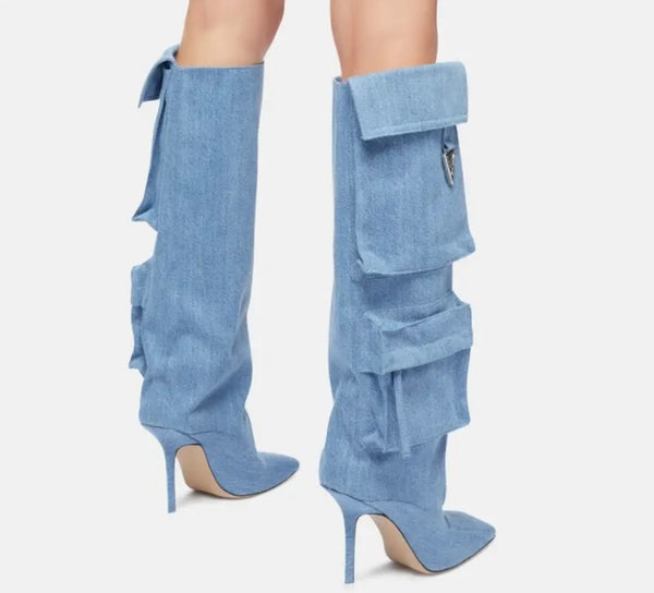 Women Color Fashion Pocket Denim Knee High Boots