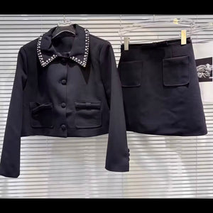 Women Black Rhinestone Blazer Two Piece Pocket Skirt Set