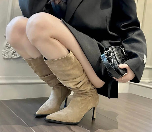 Women Suede High Heel Ruched Fashion Western Boots