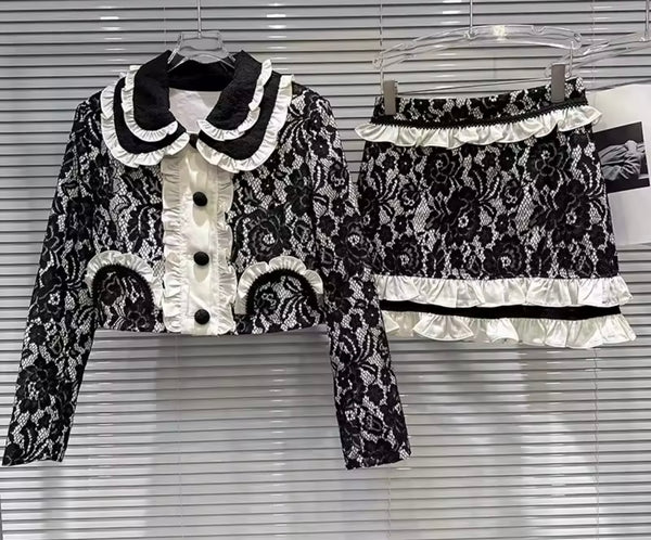 Women B&W Lace Button Up Blazer Two Piece Skirt Set