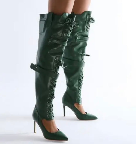 Women Green Fashion Faux Leather Lace Up Buckled Knee High Boots