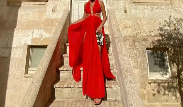 Women Red Sleeveless Sexy Split Maxi Dress