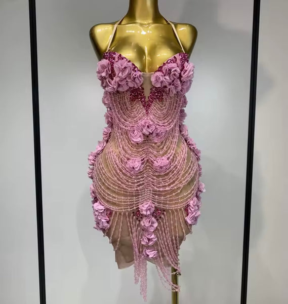 Women Sexy Pink Beaded Floral Rhinestone Halter Dress