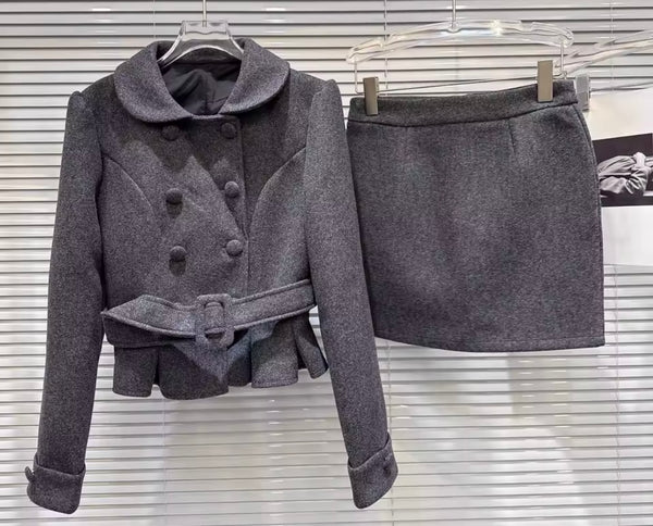 Women Button Up Belted Blazer Fashion Two Piece Skirt Set