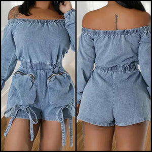 Women Sexy Off The Shoulder Full Sleeve Tie Up Denim Romper