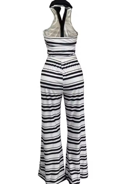 Women Fashion Halter Sleeveless Striped Two Piece Pant Set