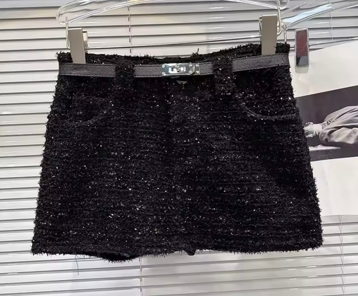Women Sexy Fashion Belted Tweed Short Skirt